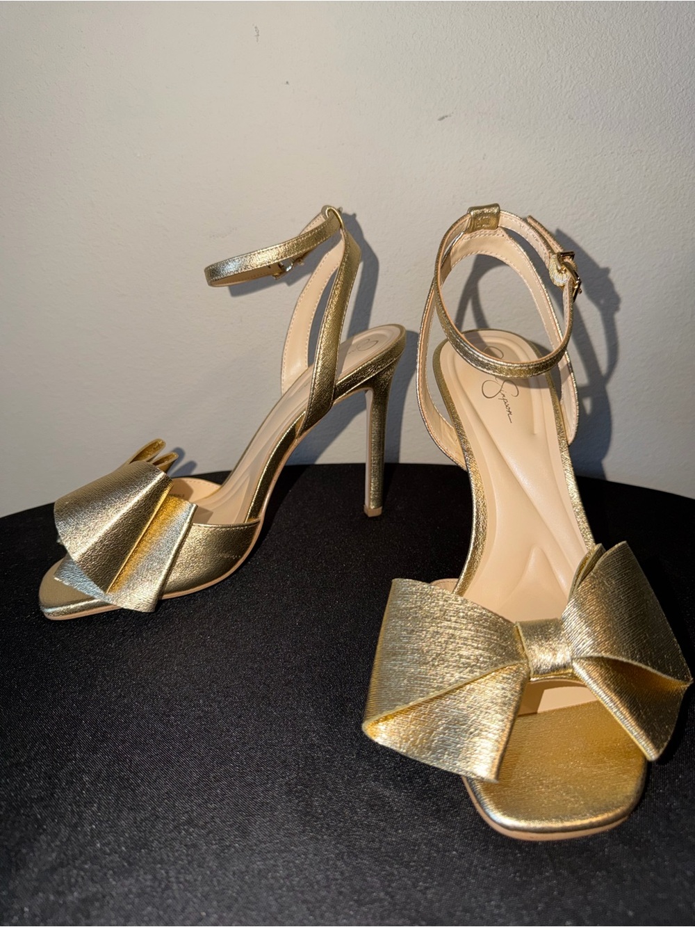 Jessica Simpson “Olivine” Gold Bow Ankle-Strap High Heels